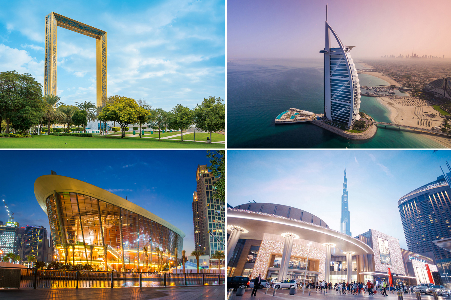 Tourist destinations in Dubai. Palm Jumeirah, Downtown, Dubai frame, Dubai Opera